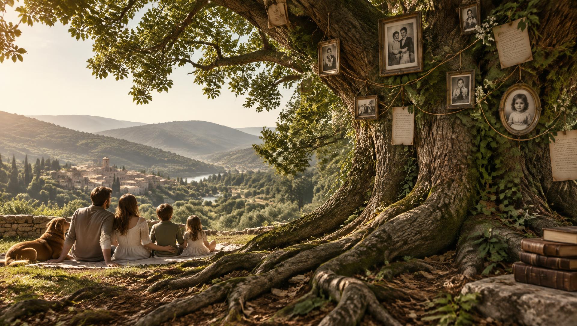 A family gathered beneath an ancient tree overlooking their ancestral village